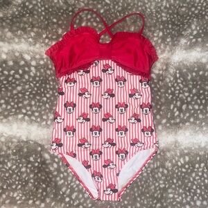 Girls red and white striped Minnie Mouse swimsuit